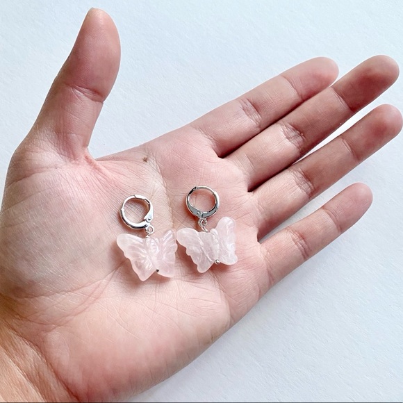 Rose Quartz Butterfly & Silver Hoops - Picture 4 of 5